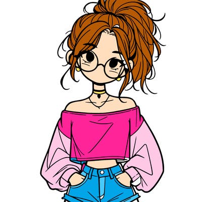 girl with a messy ponytail glasses a baggy crop top and jean shorts
