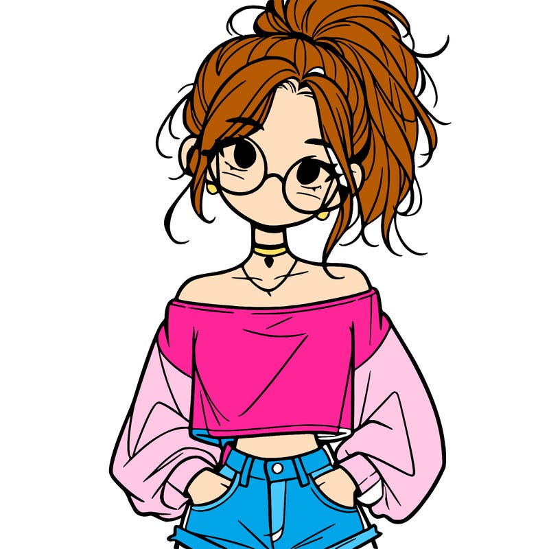 girl with a messy ponytail glasses a baggy crop top and jean shorts