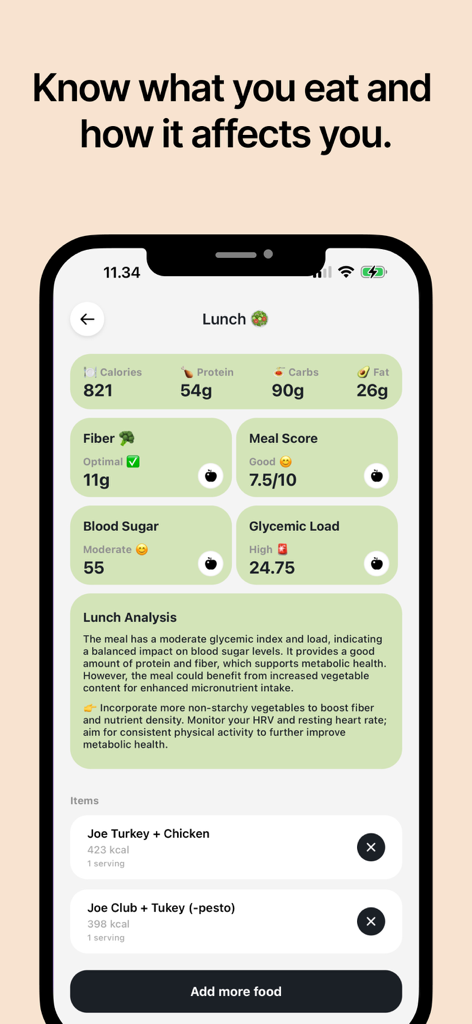Helsa: Metabolic Health Coach - Helsa app screenshot showing lunch nutritional analysis and metabolic impact scores