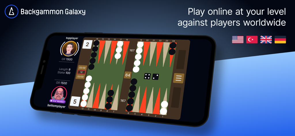 A smartphone screen displaying a backgammon match on the Backgammon Galaxy app