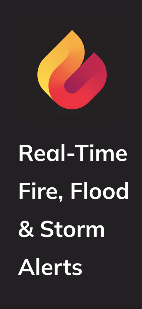 NSW Emergency: Incident Alerts - Pantalla de inicio de la aplicación NSW Emergency con un logo de llama y texto para alertas de incendios, inundaciones y tormentas en tiempo real