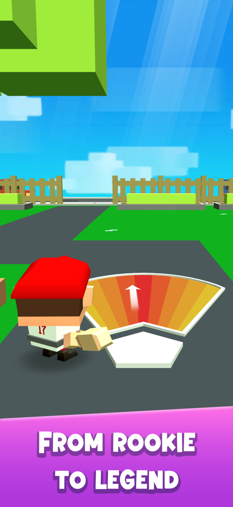 A blocky baseball player character at home plate with an aiming arc and the text from rookie to legend.