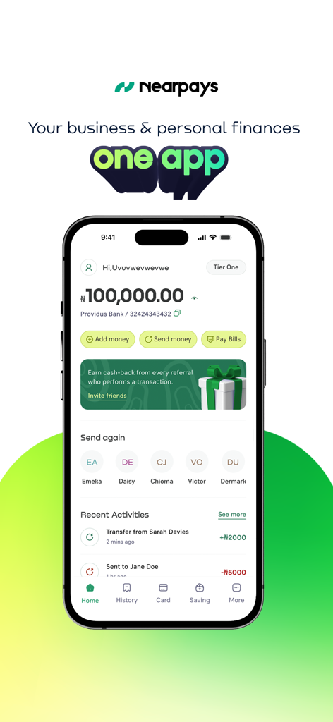 NearPays - NearPays mobile app dashboard displaying account balance in Naira, recent transactions, and financial services including send money and pay bills.