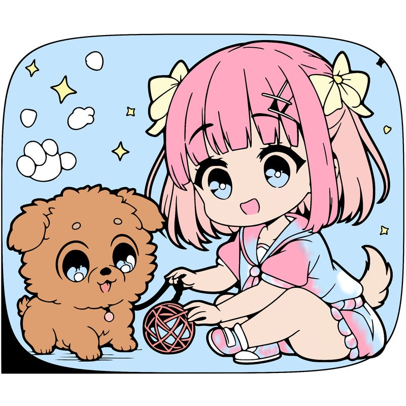 puppy with its cute girl owner petting it and the puppy is playing with a toy and they are animé