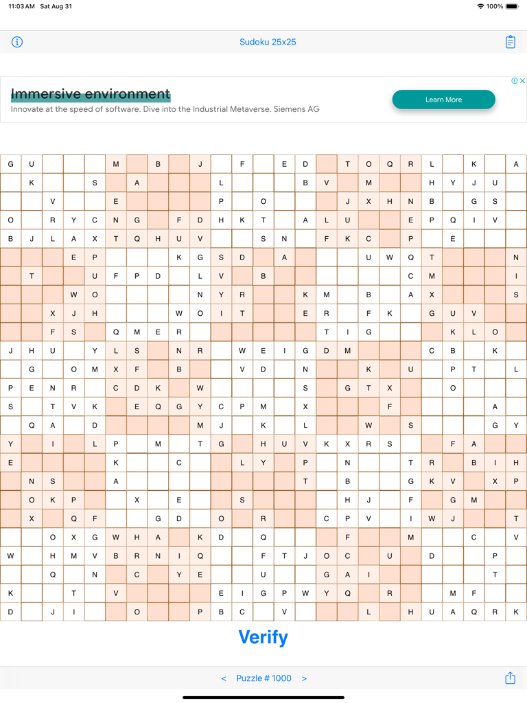 Sudoku 25x25 - iPad 上の文字入り、巨大な 25x25 数独グリッド