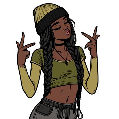 realistic teenage girl with braids and a beanie and crop top doing 🫶🏼