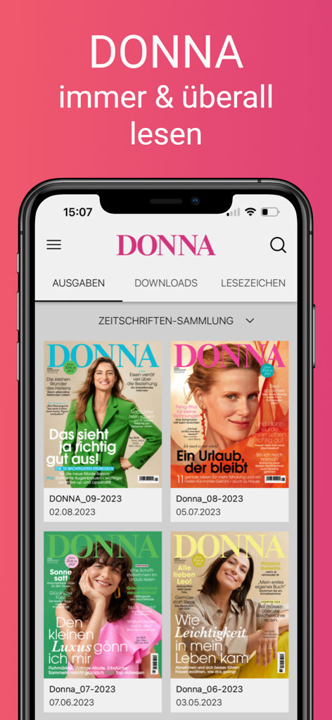 Smartphone-Bildschirm, der die digitale DONNA Magazin App-Bibliothek mit mehreren Magazin-Covern für Frauen über 40 zeigt