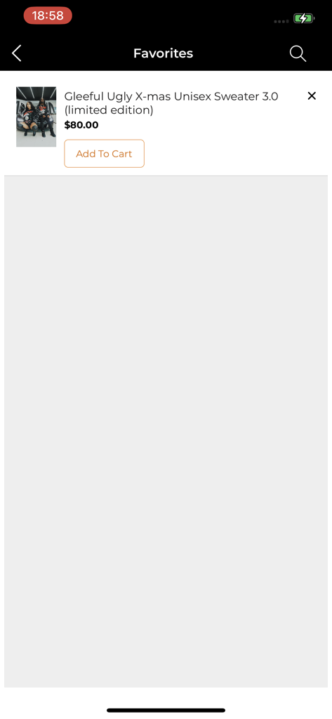 스나이퍼 갱 어패럴 앱의 즐겨찾기 화면으로, 장바구니에 추가 버튼이 있는 한정판 즐거운 어글리 크리스마스 스웨터가 표시되어 있습니다.