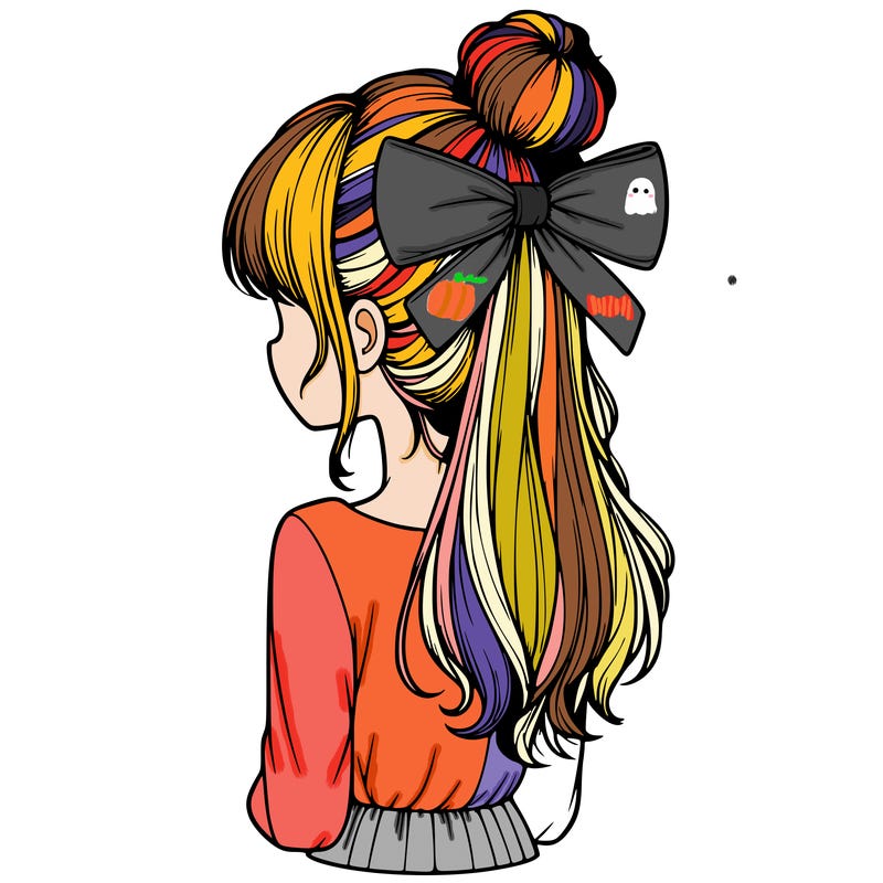 realistic girl  with hip length hair a bun and a big bow on the back of head