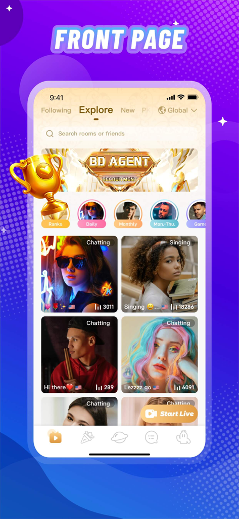 Vone app explore screen featuring live stream creators and chat rooms.