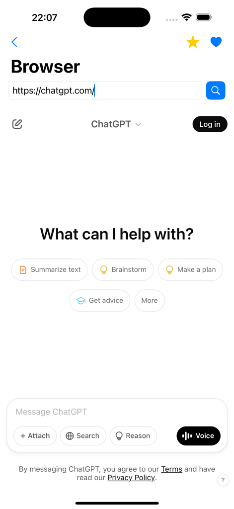 Web Browser for Watch - A web browser app displaying the ChatGPT website on a mobile interface with search suggestions