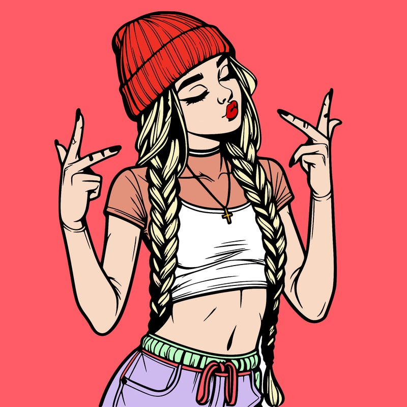 realistic teenage girl with braids and a beanie and crop top doing 🫶🏼
