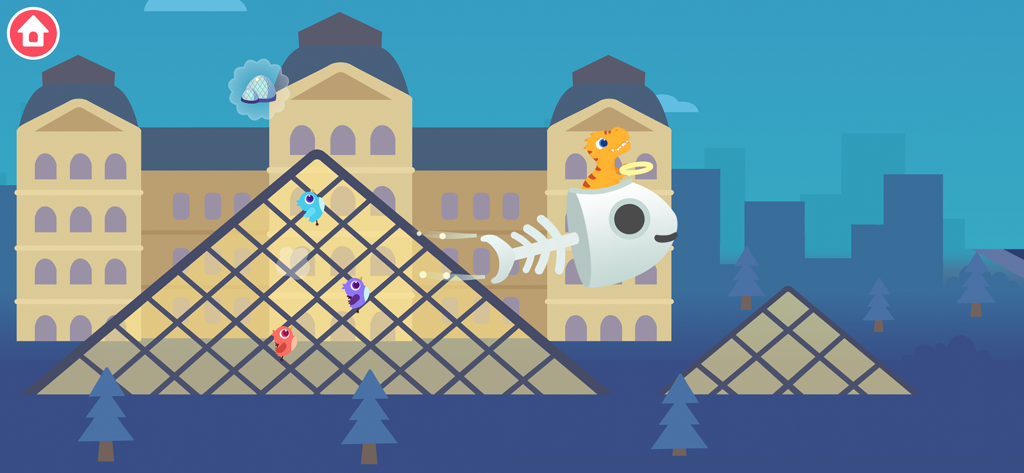Dinosaur Plane Games for kids - Un dinosaurio de dibujos animados pilotando un avión de espina de pez frente a la pirámide de cristal del Louvre y el museo.