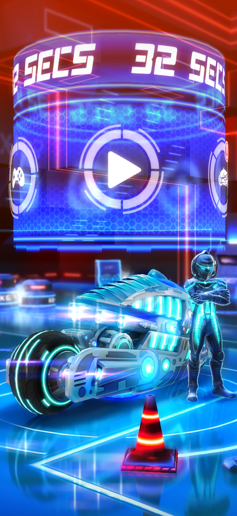 A futuristic cyberpunk motorcycle and its rider in a neon sci-fi game menu