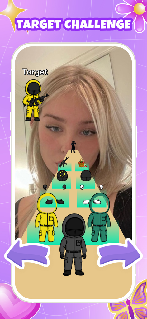 Dress Challenge: Fun Up Filter - A mobile screenshot showing the Target Challenge feature where a user selects clothing items to match a target cartoon character using an AR filter.