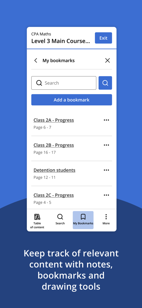 Screenshot of the Macmillan Education Everywhere app showing the My Bookmarks screen with a list of bookmarked pages and a search bar.
