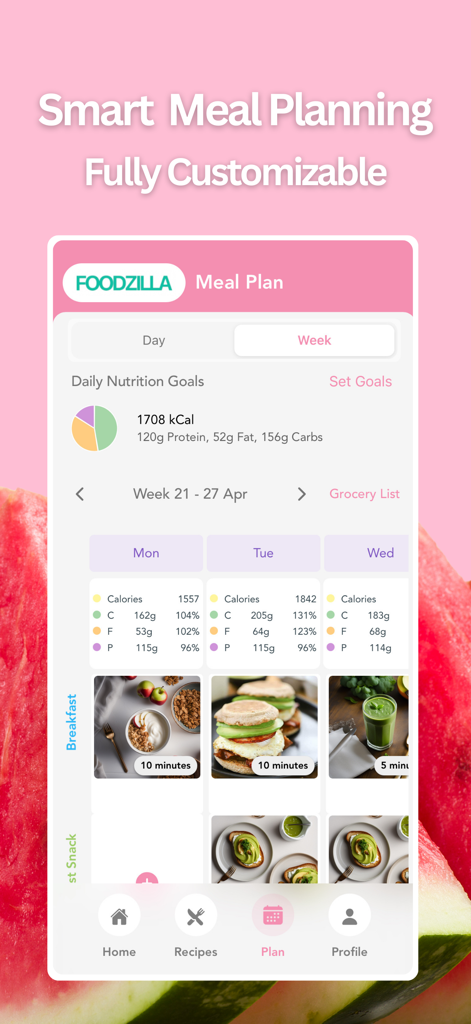 Foodzilla! Nutrition Assistant - Foodzilla nutrition assistant meal planning dashboard showing daily calories and macros