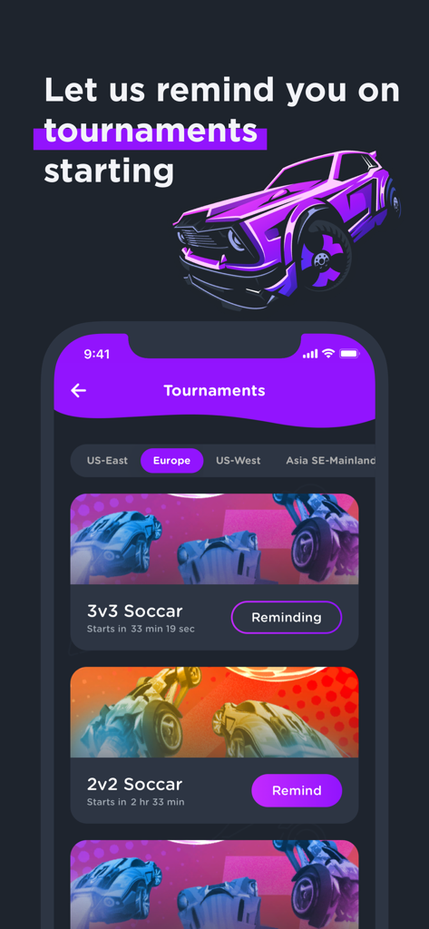 RL Garage mobile app screen displaying upcoming Rocket League tournaments with reminder notifications