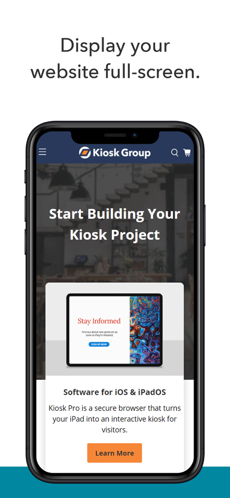 Kiosk Pro Lite - Schermata dello smartphone che mostra l'app Kiosk Pro Lite evidenziando la visualizzazione del sito web a schermo intero per chioschi digitali