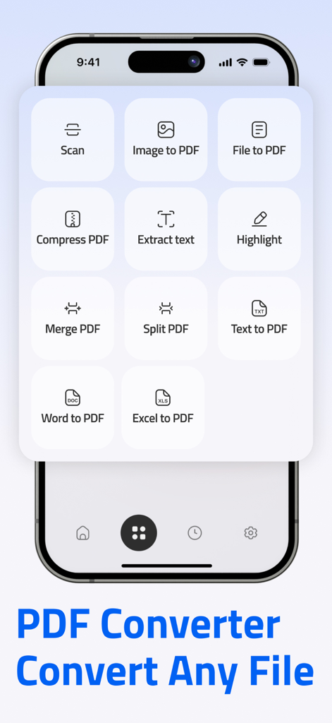 PDF Editor-Converter & Viewer - A mobile interface of PDF Creature showing various document management tools like Scan, Image to PDF, and Merge PDF.