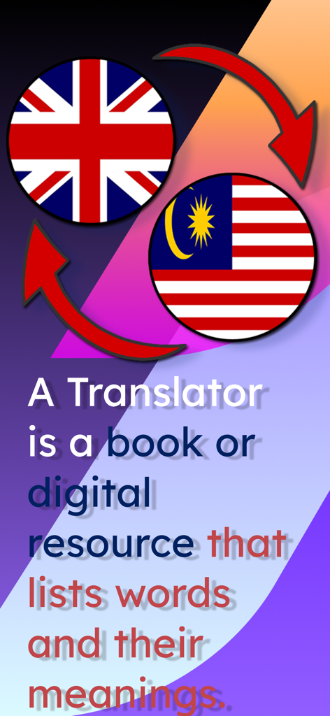 Schermata introduttiva dell'app Traduttore dall'inglese al malese con le bandiere del Regno Unito e della Malesia e la definizione di traduttore