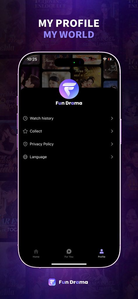 Fun Drama - Interfaz del perfil de usuario de la aplicación Fun Drama en un iPhone mostrando el historial de visualización y la configuración de la cuenta