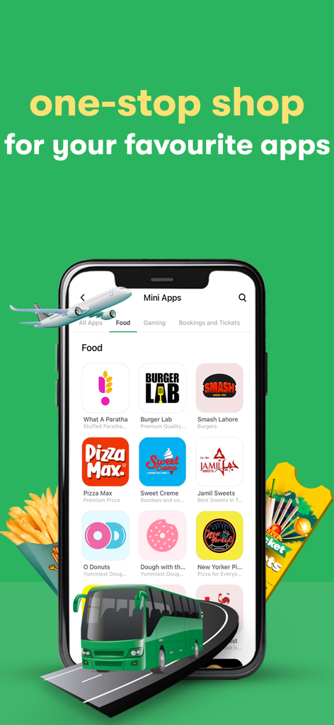 Easypaisa app interface showing mini apps for food delivery and travel booking
