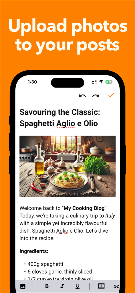 Blogging for Blogspot Blog - Mobile App-Oberfläche, die einen Kochblog-Post mit einem hochgeladenen Spaghettifoto anzeigt