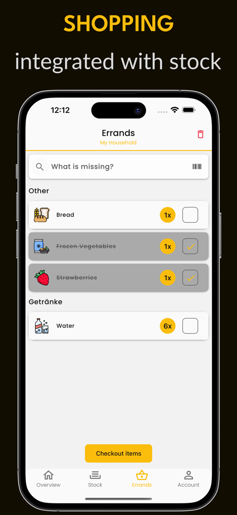 Smantry: Smart pantry - iPhone screen displaying the Smantry app errands list with grocery items integrated with pantry stock