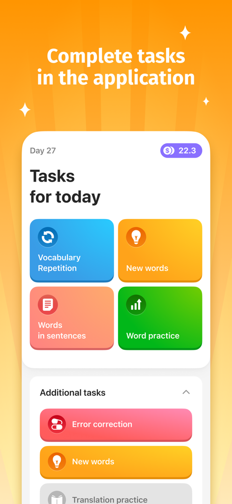 Bright Heroes App-Oberfläche, die tägliche Englischlernaufgaben wie Wortschatzwiederholung und Wortübungen mit einem Belohnungssaldo zeigt.