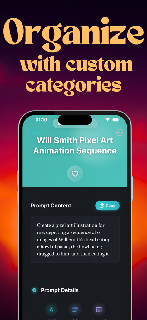 Interface do aplicativo Solihub mostrando um prompt de IA para animação pixel art com categorias de organização personalizadas.