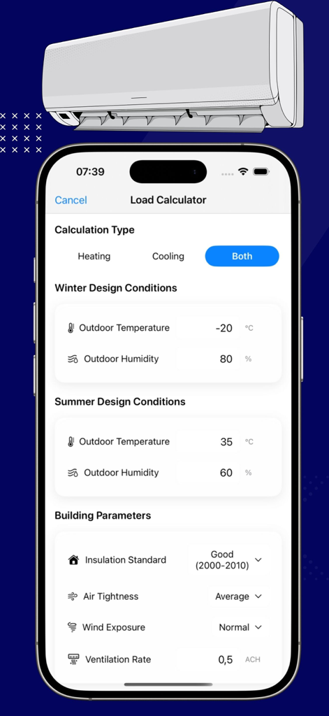 HVAC Calculator ProX - HVAC Calculator ProX mobile app screen showing load calculation settings for winter and summer design conditions and building parameters