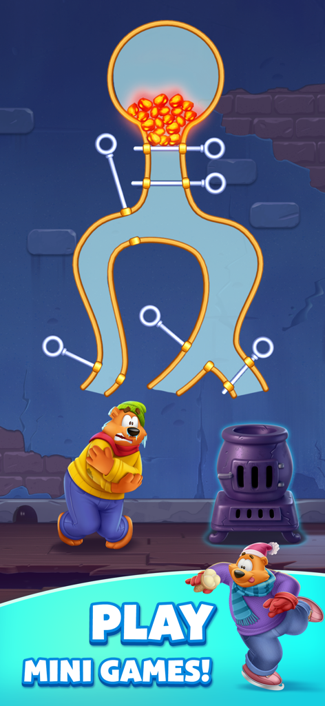 Bruno Bear shivering in a pin-pulling mini game from Toon Blast