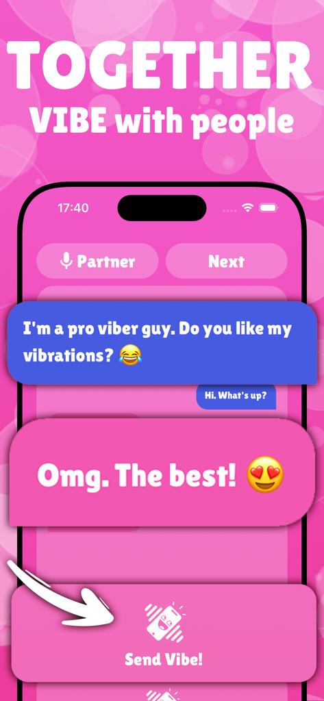 Captura de pantalla de la función Together Vibe de la app Vibrador mostrando una interfaz de chat para enviar vibraciones a otros