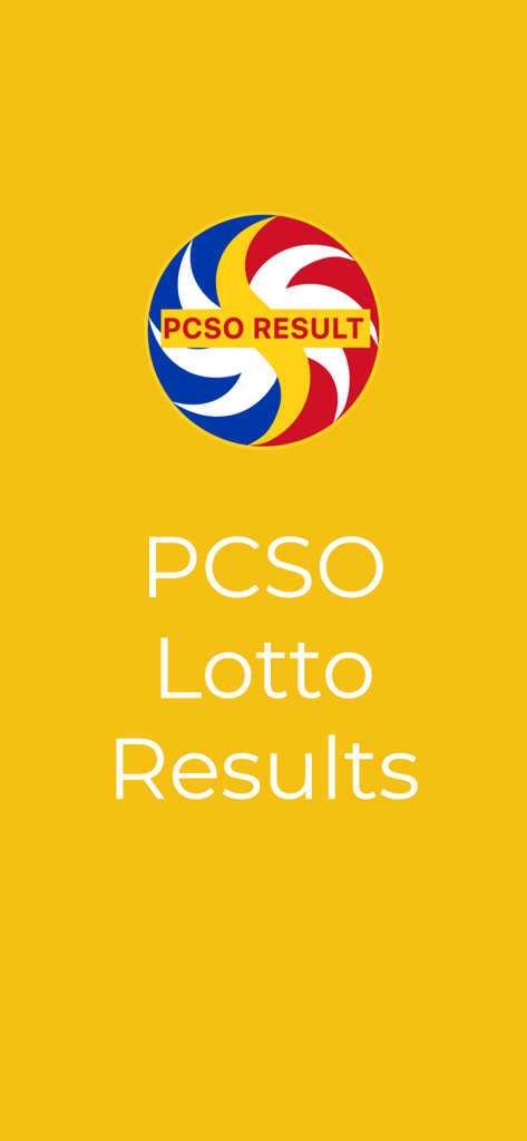 PCSO Lotto Results app splash screen featuring the official logo on a bright yellow background.