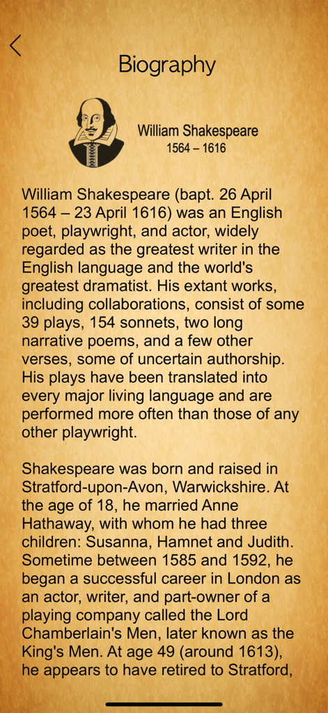 Eine biografische Seite von William Shakespeare mit einem Porträt und historischen Informationen auf einem hintergrund mit Pergamentstruktur.