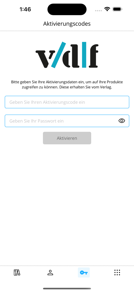 vdf Hochschulverlag - Aktivierungsbildschirm der vdf Hochschulverlag-App mit Eingabefeldern für Code und Passwort.