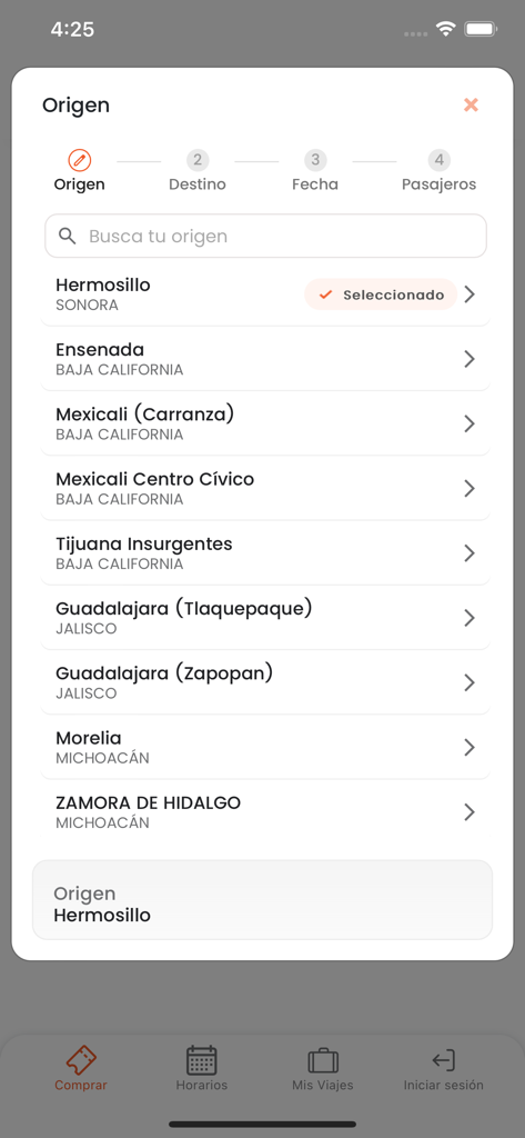 Tufesa - Tufesa mobile app interface showing the origin selection step for booking a bus ticket
