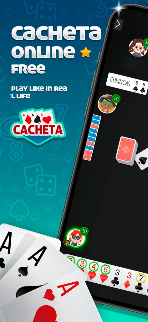 Cacheta - Jogo de Cartas - Interfaz de la aplicación del juego de cartas online Cacheta en la pantalla de un teléfono móvil