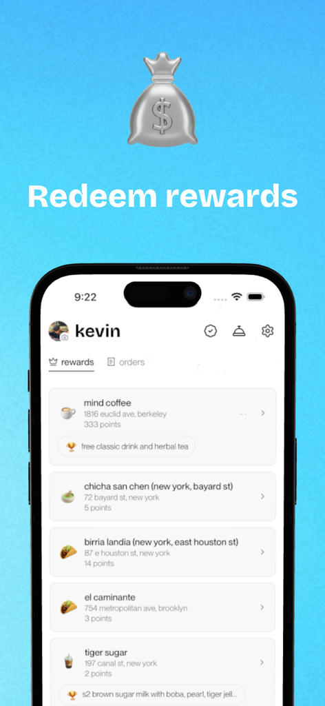 Interface de l'application Snackpass montrant une liste de restaurants avec les points gagnés et les récompenses disponibles à échanger.