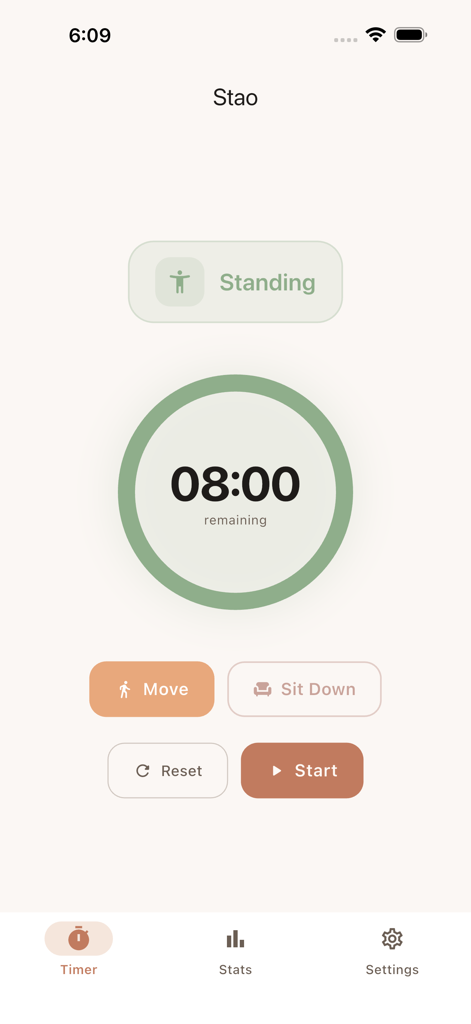 Stao: Standing Desk Reminder - Stao app screen displaying a countdown timer for a standing desk session with minimalist controls