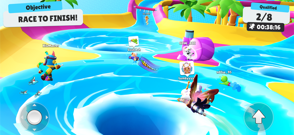 Stumble Guys - Des joueurs de Stumble Guys naviguant dans un parcours d'obstacles coloré de parc aquatique avec des tourbillons