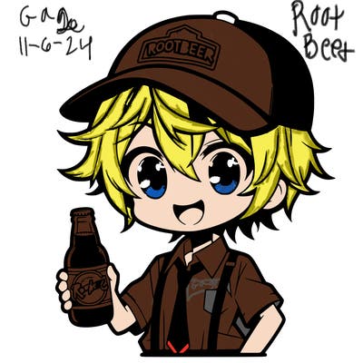 anime boy wearing a rootbeer hat and holding a rootbeer
