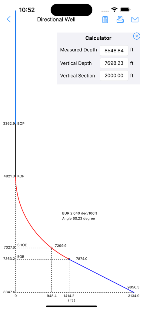 Drilling Simulator 3 - Directional well trajectory plot showing KOP SHOE and EOB depths with a calculator overlay in Drilling Simulator 3.