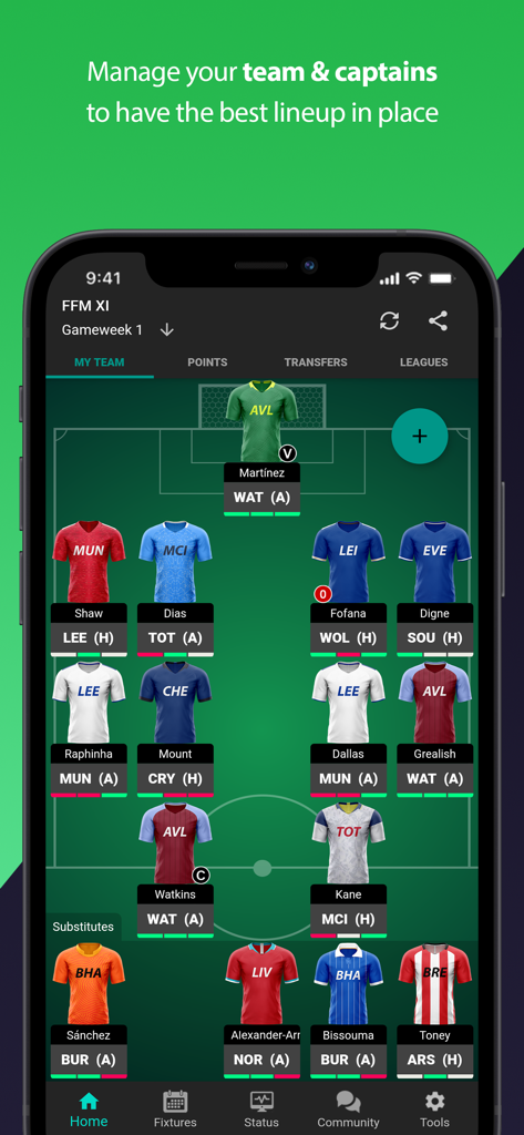 (FPL) Fantasy Football Manager - Tela de smartphone mostrando a seção Minha Equipe do aplicativo Fantasy Football Manager com uma escalação de jogadores de futebol