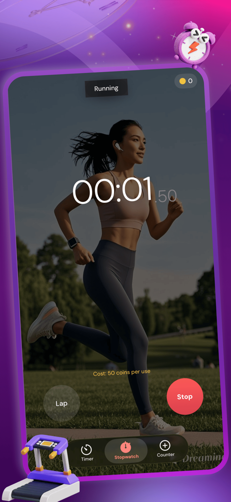 Tikao - Interface du chronomètre de l'application Tikao avec une image d'arrière-plan d'une femme courant dans un parc