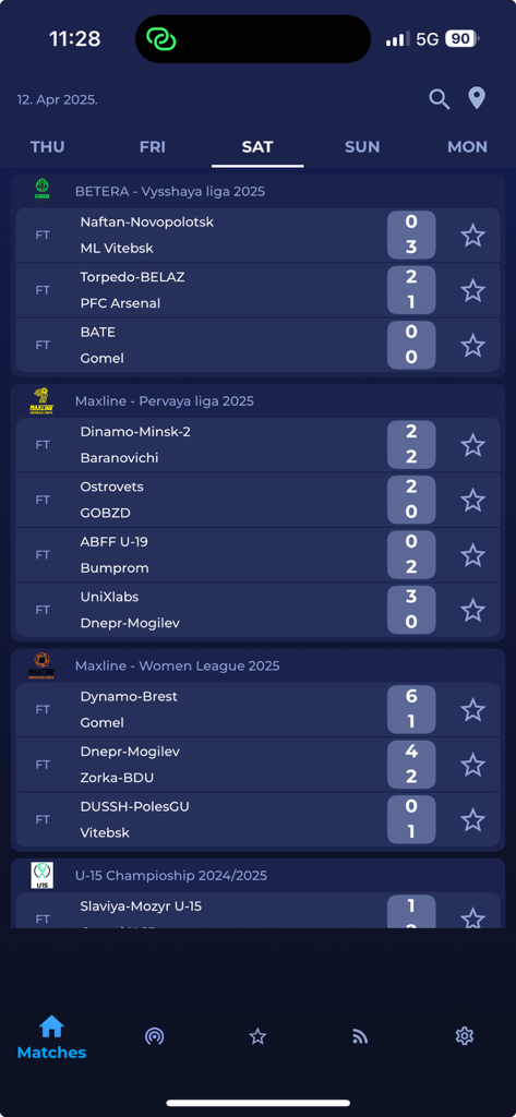 Interface of the Belarus Football app showing scores and results for various matches across different divisions