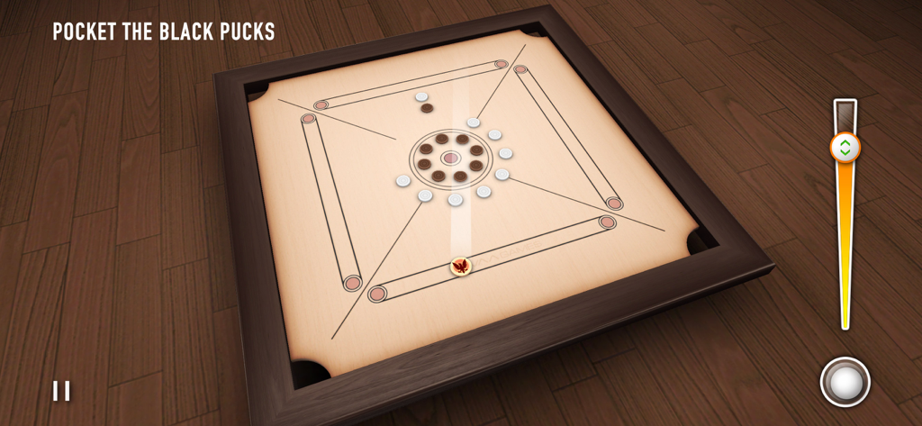Carrom 3D gameplay screen showing a wooden board with black and white pucks and a power meter