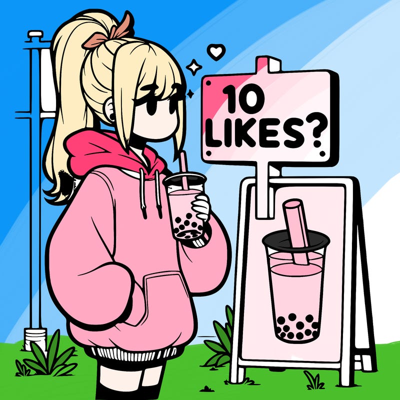 girl with oversized hoodie drinking boba and she has a high ponytail with a sign that says 10likes?