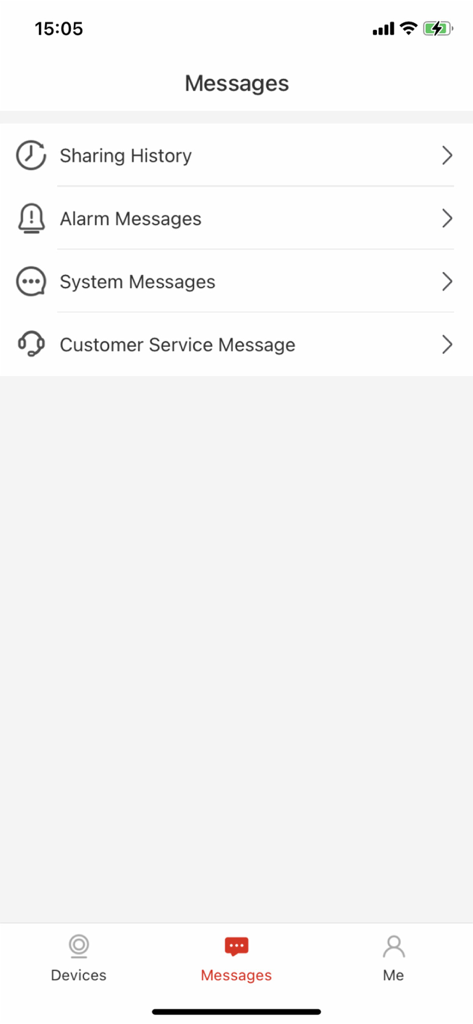 COOAU Cam - Nachrichten-Oberfläche der COOAU Cam App, die Alarmbenachrichtigungen und eine Freigabe-Historie zeigt